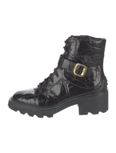 Pre-owned Tod's Embossed Leather Animal Print Lace-up Boots In Black