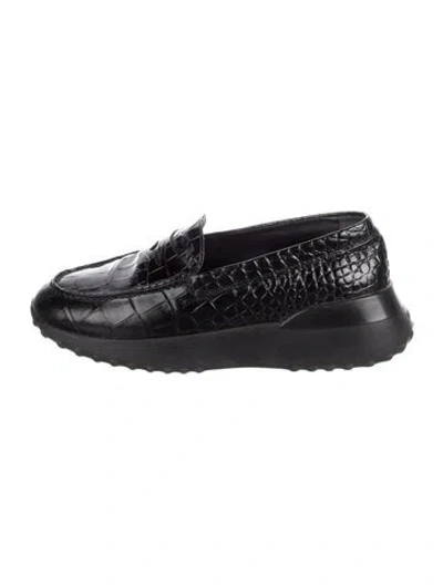 Pre-owned Tod's Embossed Leather Animal Print Loafers In Black