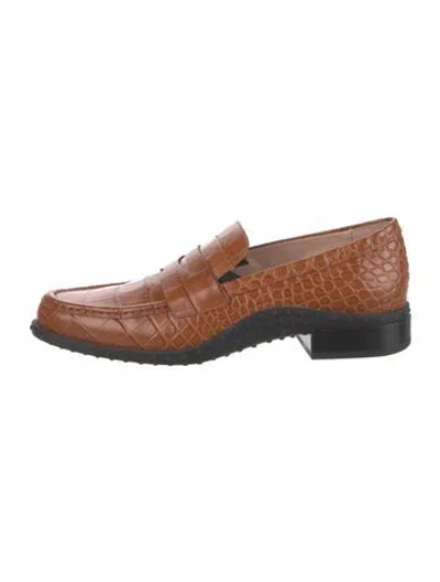 Pre-owned Tod's Embossed Leather Animal Print Loafers In Brown