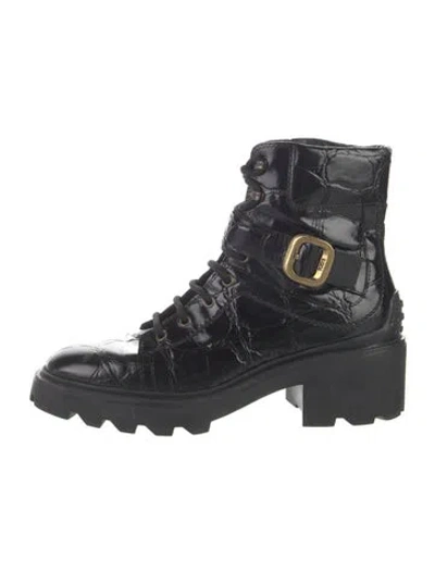 Pre-owned Tod's Embossed Leather Combat Boots In Black
