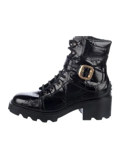 Pre-owned Tod's Embossed Leather Combat Boots In Black