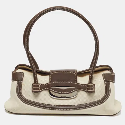 Pre-owned Tod's Flap Brown/off White Canvas And Leather Satchel