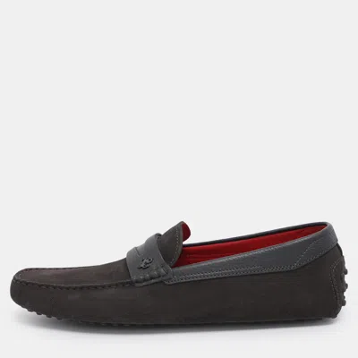 Pre-owned Tod's For Ferrari Grey/dark Brown Suede Loafers Size 43 In Gray
