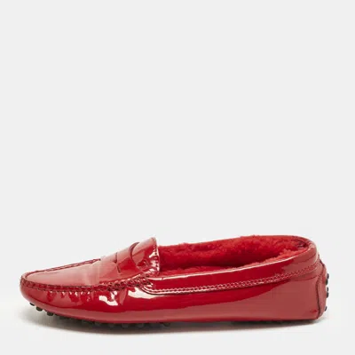 Pre-owned Tod's For Ferrari Red Patent And Shearing Bow Slip On Loafers Size 37