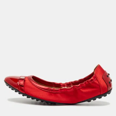 Pre-owned Tod's For Ferrari Red Patent Leather And Satin Scrunch Ballet Flats Size 38