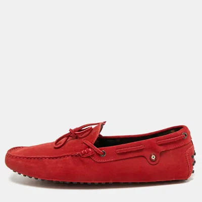Pre-owned Tod's For Ferrari Red Suede Bow Slip On Loafers Size 44.5