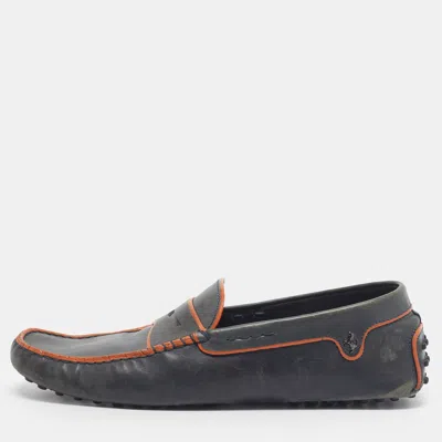 Pre-owned Tod's For Ferrari Size 42.5 Dark Grey/orange Leather Driver Loafers In Gray