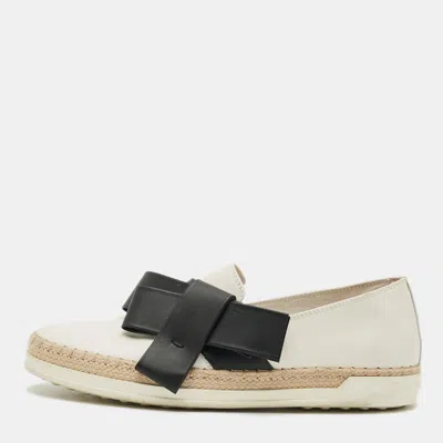 Pre-owned Tod's Francesina Size 37 White Leather Espadrille Bow Slip On Sneakers