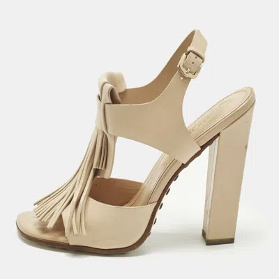 Pre-owned Tod's Fringe Size 38 Beige Leather Ankle Strap Sandals