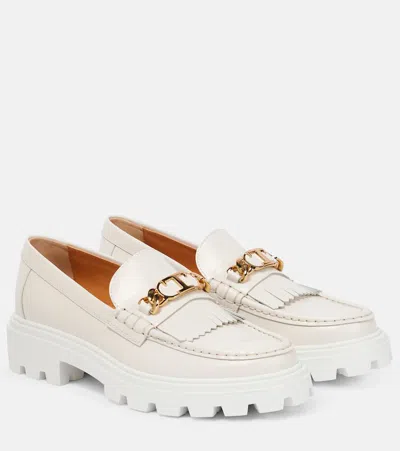 Tod's Fringed Leather Loafers In White