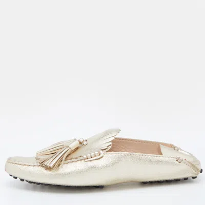 Pre-owned Tod's Gold Leather Fringe Flat Mules Size 35