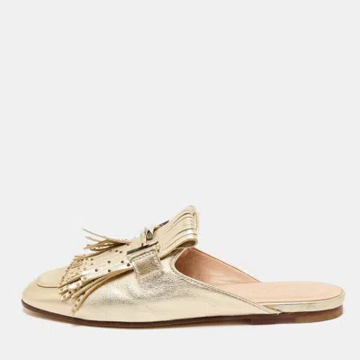 Pre-owned Tod's Gold Metallic Leather Double T Studded Fringe Flat Mules Size 37.5