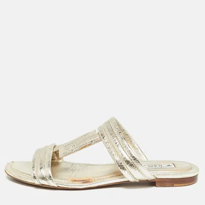 Pre-owned Tod's Gold Textured Leather Double T Strap Flat Slides Size 38