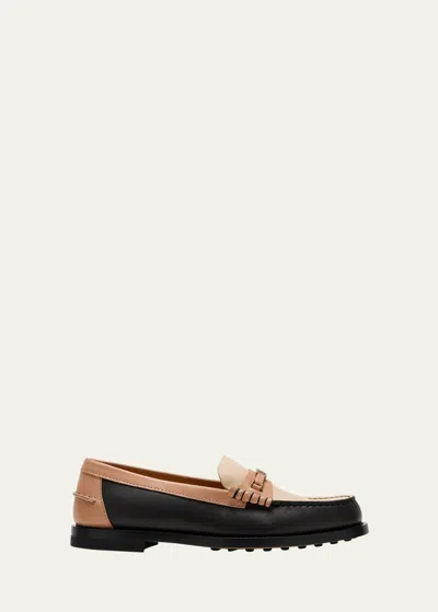 Tod's Gomma Colorblock Leather Chain Loafers In Nero/naturale