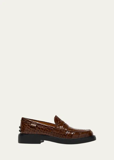 Tod's Gomma Croco Classic Penny Loafers In Cacao
