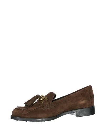 Tod's Gomma Double-t Tassel-detail Suede Loafers In Brown