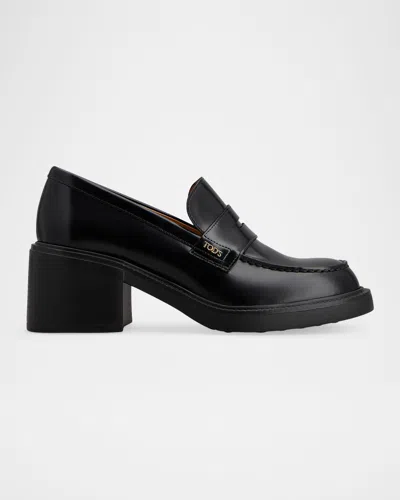 TOD'S GOMMA LEATHER BLOCK-HEEL PENNY LOAFERS