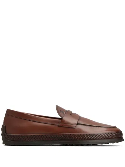 Tod's Gomma Leather Mocassin Loafers In Brown