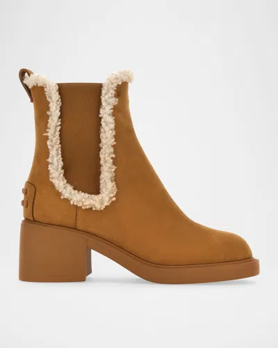 Tod's Gomma Shearling-lined Suede Chelsea Boots In Sand