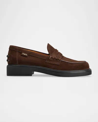 Tod's Gomma Suede Penny Loafers In Brown
