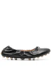 Tod's Black Leather Ballet Flats With Gathered Elasticized Trim In Black
