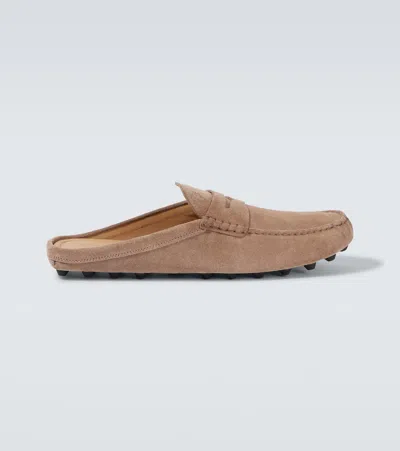 Tod's Gommino Bubble Suede Mules In Creta Chiaro + Gommini Neri