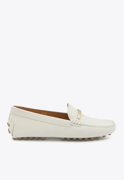 Tod's White Lime Calfskin Driving Loafer With Low Heel