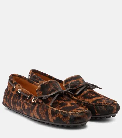 Tod's Leopard Print Leather Slip-on Loafers With Signature Rubber Outsole In Animal Print
