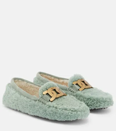 Tod's Shearling Flats In Green Bay + Militare