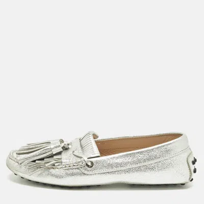 Pre-owned Tod's Gommino Size 37 Silver Leather Tassel Penny Loafers