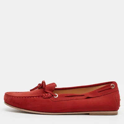 Pre-owned Tod's Gommino Size 39.5 Red Suede Bow Penny Loafers
