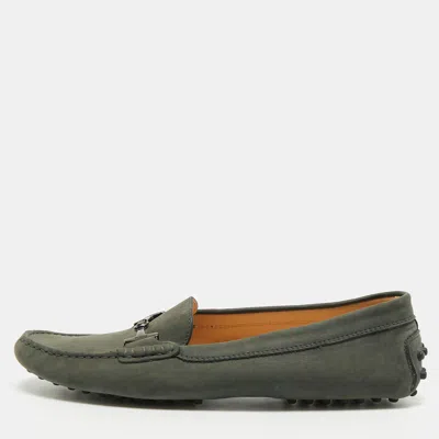 Pre-owned Tod's Gommino Size 40 Dark Teal Nubuck Leather Double T Penny Loafers In Green