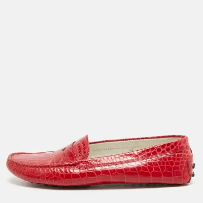 Pre-owned Tod's Gommino Size 40 Red Crocodile Leather Slip On Driver Loafers
