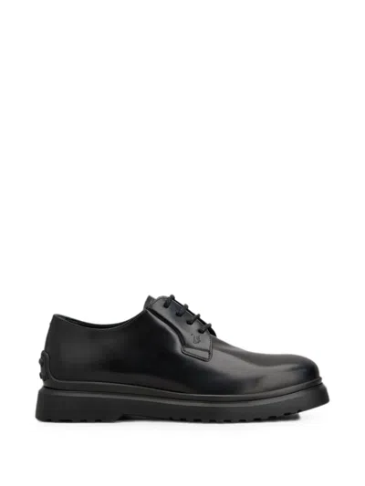 Tod's Lace Up Leather Derby Shoes Rubber Sole In Black