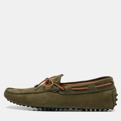Pre-owned Tod's Green/brown Nubuck And Leather Bow Slip On Loafers Size 41