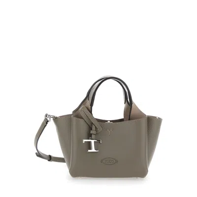 Tod's Tods Grey Handbag With Removable Shoulder Strap And T Plaque On The Front In Grained Leather In Gray