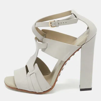 Pre-owned Tod's Grey Leather Cutout Block Heel Ankle Strap Sandals Size 39