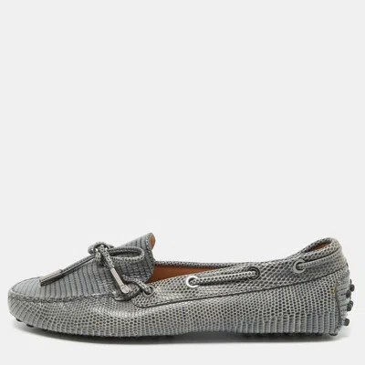 Pre-owned Tod's Grey Lizard Embossed Leather Bow Slip On Loafers Size 35