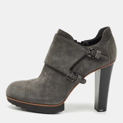 Pre-owned Tod's Grey Suede Leather Buckle Detail Block Heel Booties Size 37.5 In Gray
