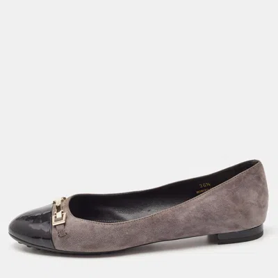 Pre-owned Tod's Grey/black Suede And Patent Leather Cap Toe Ballet Flats Size 36.5