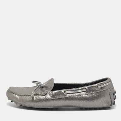 Pre-owned Tod's Grey/silver Textured Suede Bow Slip On Loafers Size 38