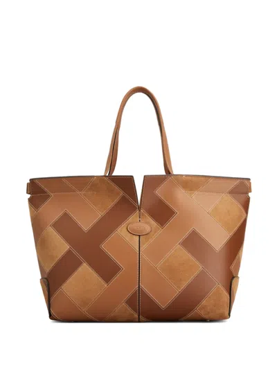 Tod's Intarsio Shopping Tote Bag In Brown