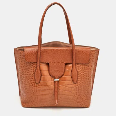 Pre-owned Tod's Joy Brown Croc Embossed Leather Tote