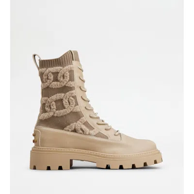 Tod's Kate Combat Boots In Fabric And Leather In Beige