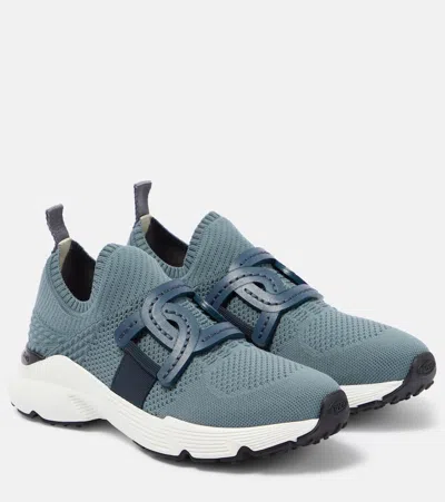 Tod's Leather-trimmed Knit Sneakers In Blue