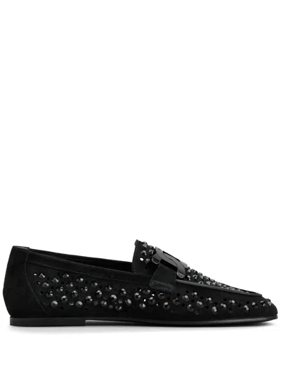 Tod's Kate Rhinestone-embellished Suede Loafers In Black