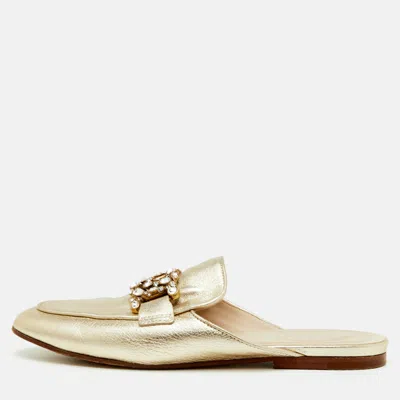 Pre-owned Tod's Kate Size 38.5 Gold Metallic Leather Crystal Embellished Flat Mules
