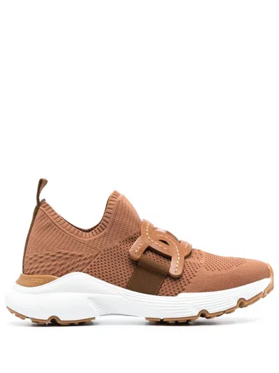 Tod's Modern Knitted Sneakers With Textured Finish In Brown
