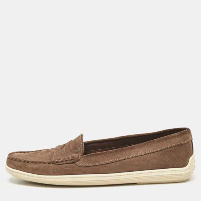 Pre-owned Tod's Khaki Brown Suede Penny Slip On Loafers Size 37.5