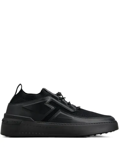 Tod's Knitted-detail Leather Low-top Sneakers In Black